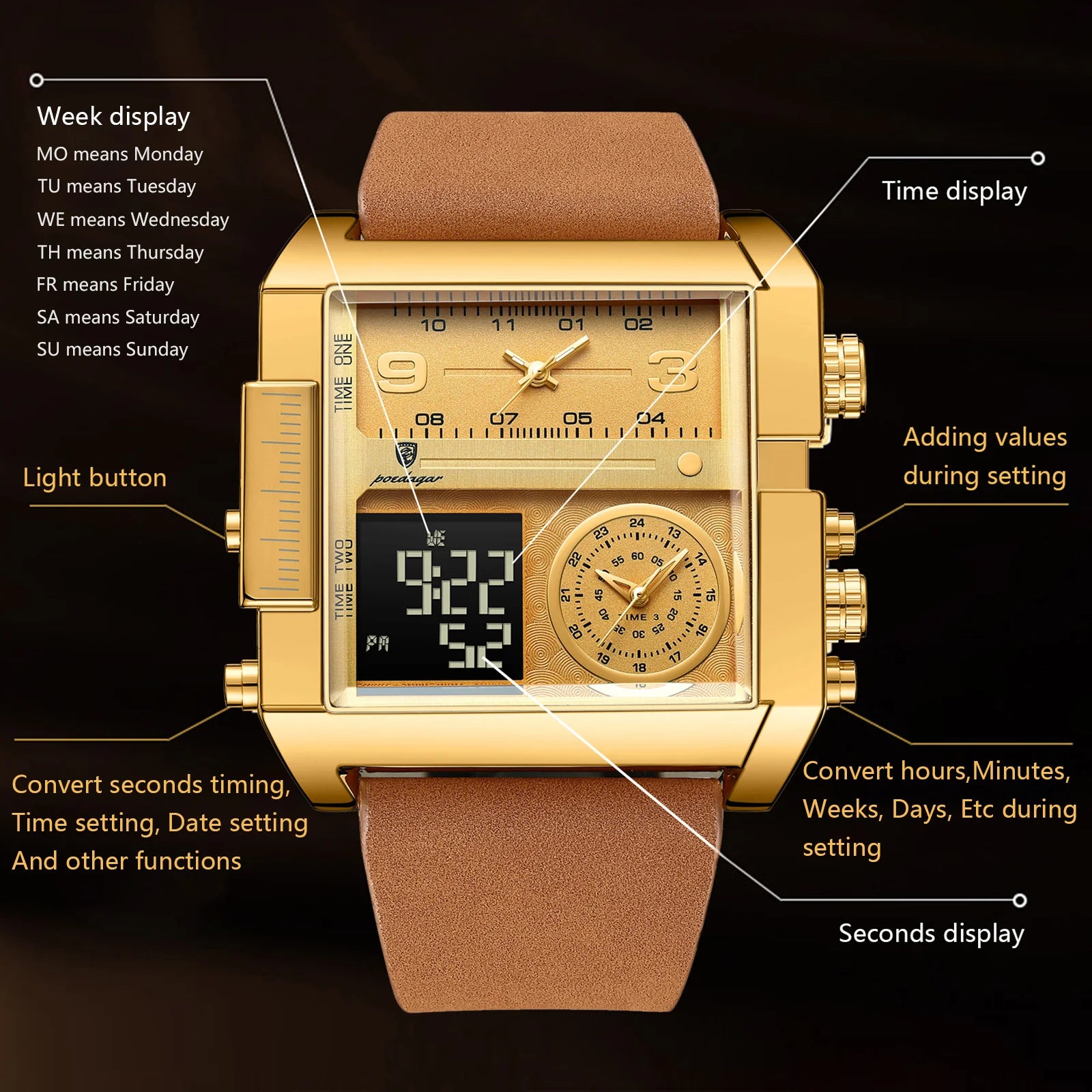 Digital Multifunction Rectangle Men's Watch